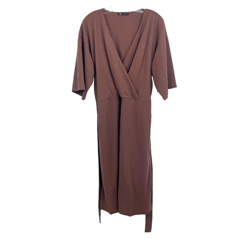 Zara Brown Surplice Belted Midi Dress Short Sleeve V-Neck - Size Large